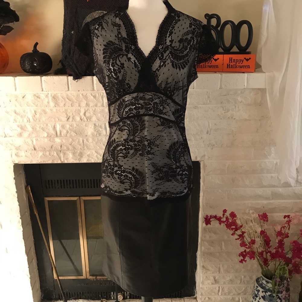 Sexy but still classy Lace top with leather skirt